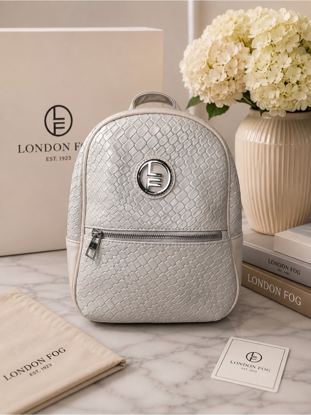 London Fog Stone colored Textured Backpack purse with Silver Logo NWT